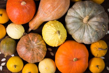 Tahta arka planda farklı türde küçük olgun balkabakları.