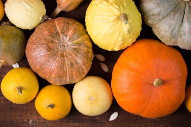 Tahta arka planda farklı türde küçük olgun balkabakları.