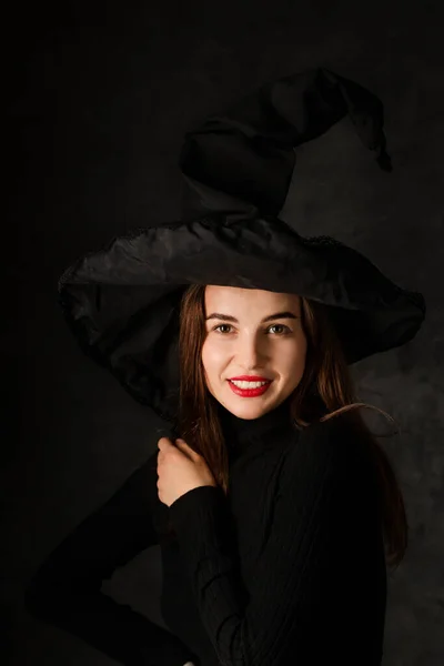 Portrait Beautiful Young Woman Witch Hat Black Background — Foto Stock