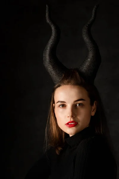 Beautiful Young Girl Horns Dark Background Halloween Concept — Foto Stock