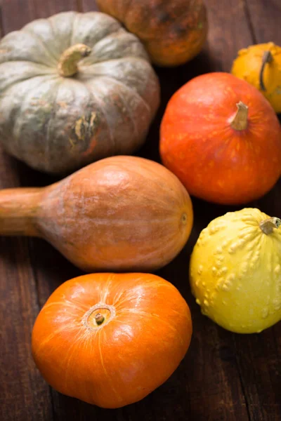 Small Ripe Pumpkins Different Varieties Wooden Background — Stock Photo, Image