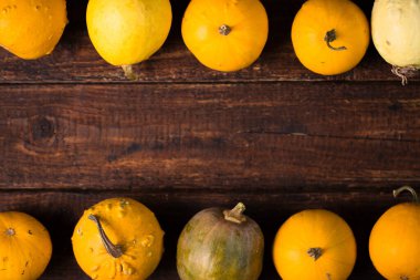 Tahta arka planda farklı türde küçük olgun balkabakları.