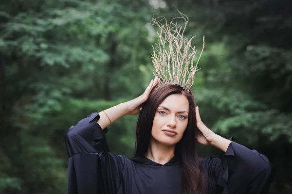 Beautiful Young Fairy Crown Branches Halloween Concept — Stock Photo, Image