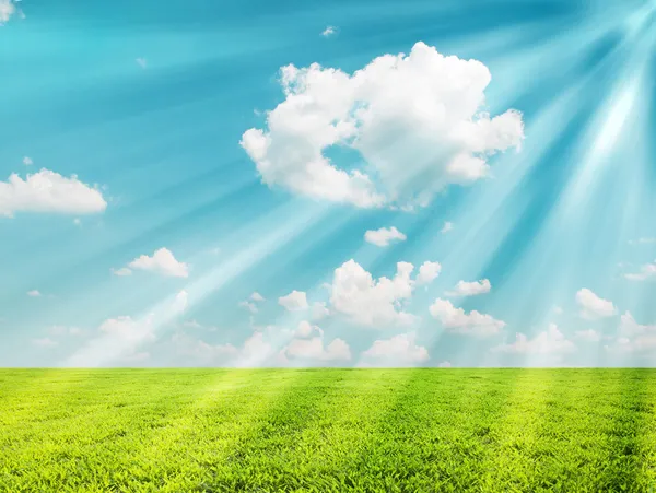Schöne grüne Wiese und strahlender Himmel mit Sonnenstrahlen — Stockfoto