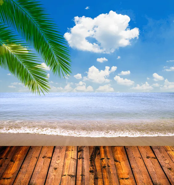 Tropisches Meer und Strand mit Palmenblättern und Holzboden lizenzfreie Stockfotos