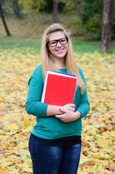 Öğrenci kız holding kitaplar gülümseyen portresi — Stok fotoğraf