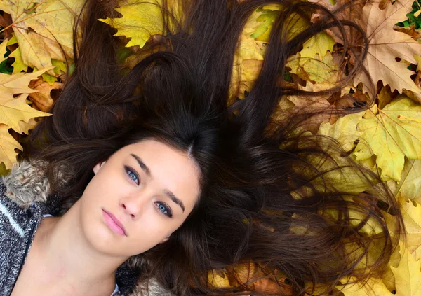 Vacker flicka njuter av naturen i höst skog — Stockfoto