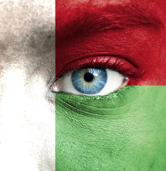 Human face painted with flag of Madagascar — Stock Photo, Image
