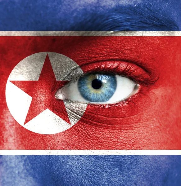 Rosto humano pintado com bandeira da Coreia do Norte — Fotografia de Stock