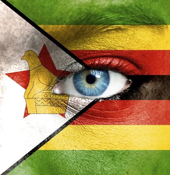 Menselijk gezicht beschilderd met vlag van zimbabwe — Stockfoto