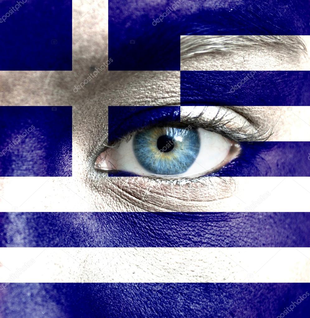 Human face painted with flag of Greece