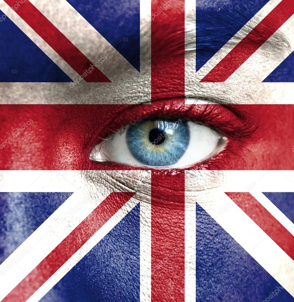 Human face painted with flag of United Kingdom