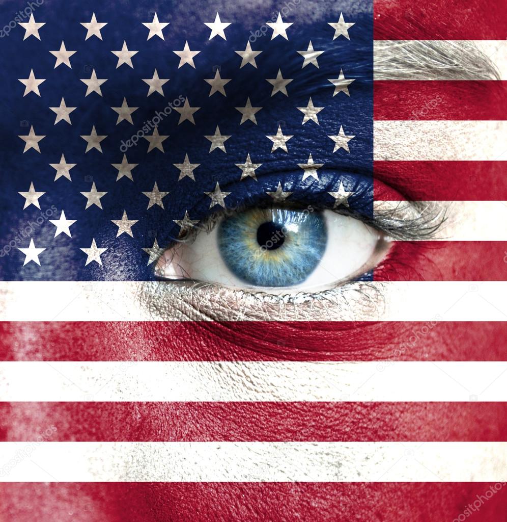 Human face painted with flag of United States of America — Stock Photo ©  Alexis84 #15406343, image size:996x1024
