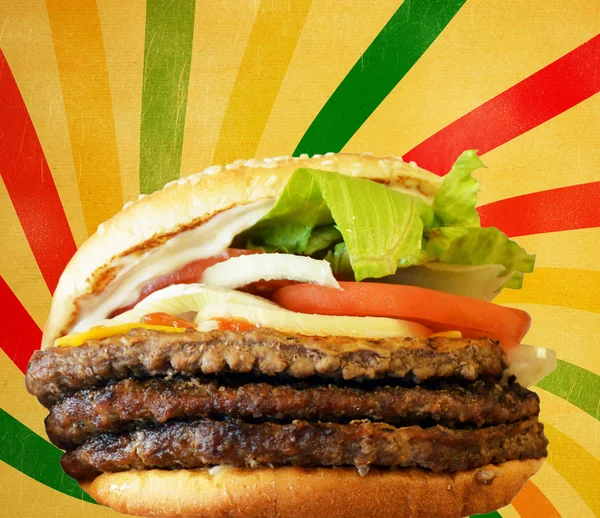 Hamburger against vintage striped background — Stock Photo, Image