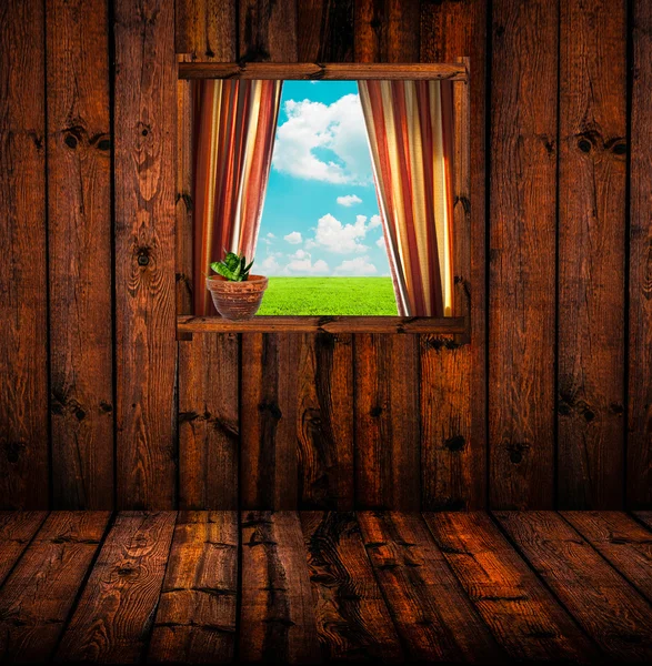 Šířku okna dřevěná chata — Stock fotografie