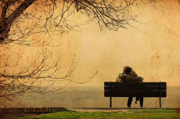 Romantic couple on bench - Vintage photograph
