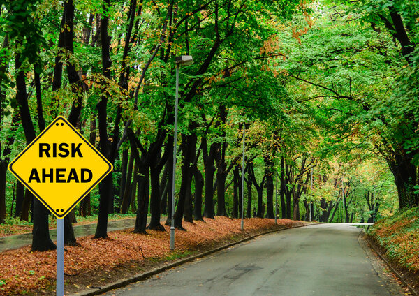 "RISK AHEAD" sign against road in green forest - Business concep