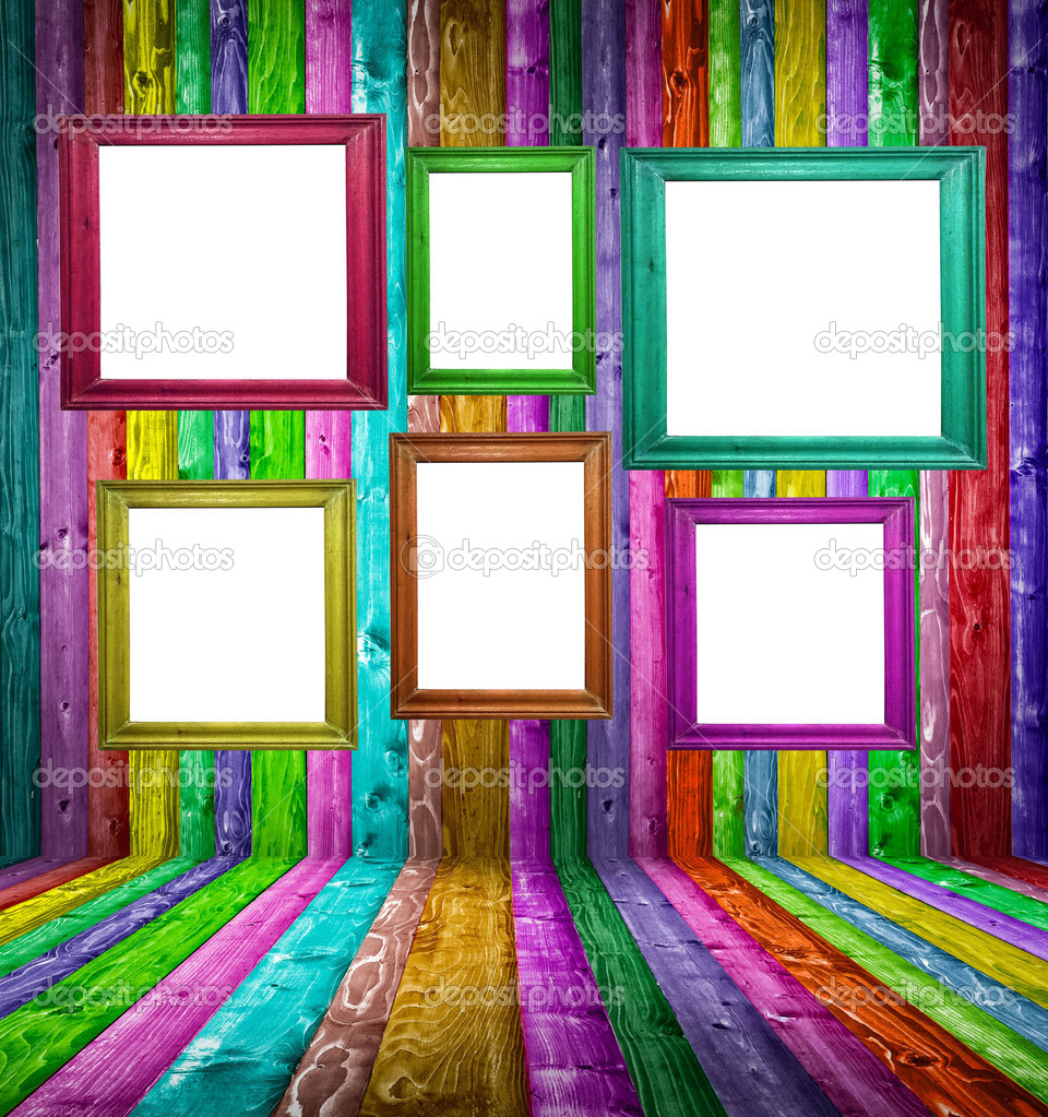 Retro colorful wood room with multicolored photo frames