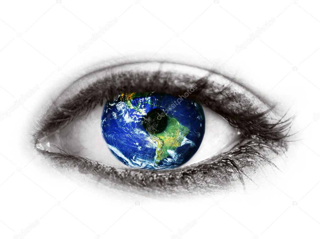 Planet earth in eye isolated on white - 