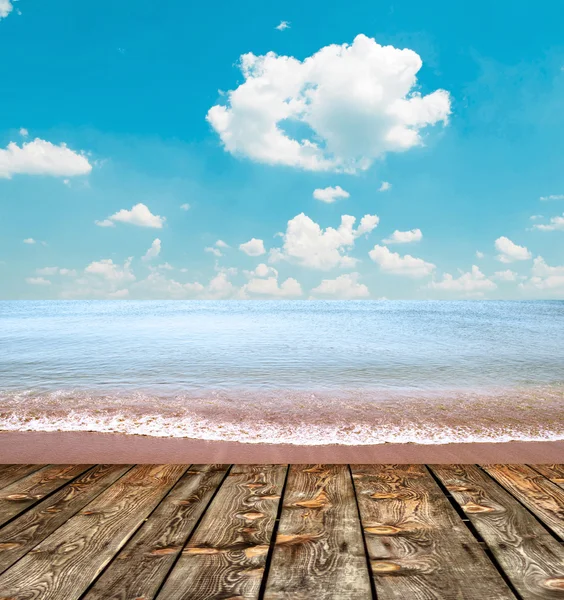 Tropical beach and wooden floor — Stock Photo, Image