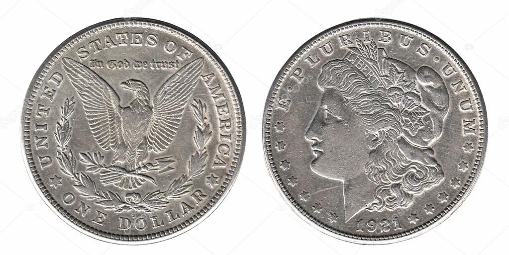 Silver Morgan dollar front and back side isolated on white