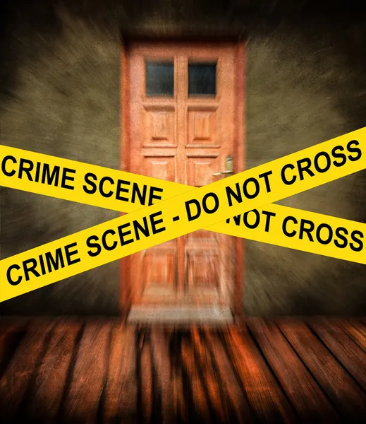 CRIME SCENE yellow tape against grunge room — Stock Photo, Image