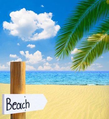 Cennet plaj ve deniz ile ahşap tahta yön th için gösterilen