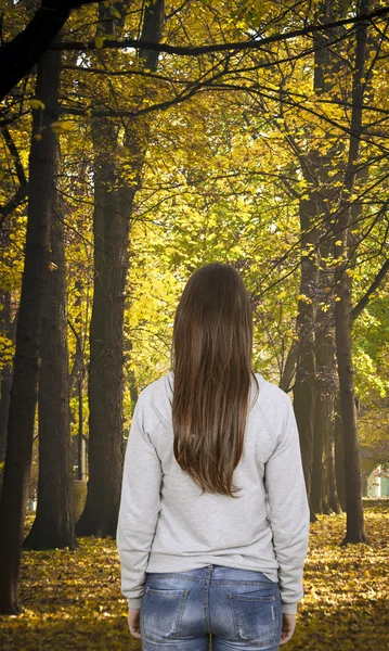 Woman walking in autumn forest — Stock Photo, Image