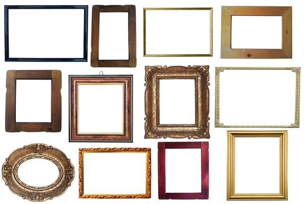 Colección de marcos de madera vintage y vacíos dorados aislados en —  Fotos de Stock
