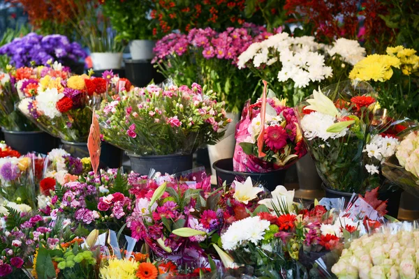 Mercato dei fiori con vari fiori freschi multicolori — Foto Stock