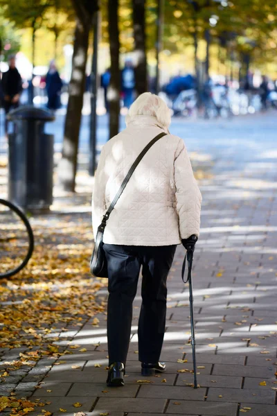 Gamla damen gå med pinne — Stockfoto