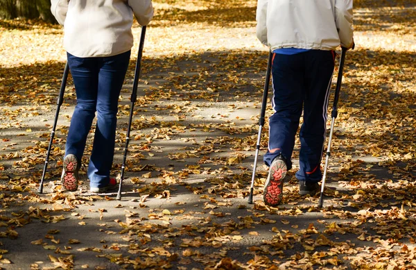 Coppia anziana che fa nordic walking nel parco — Foto Stock