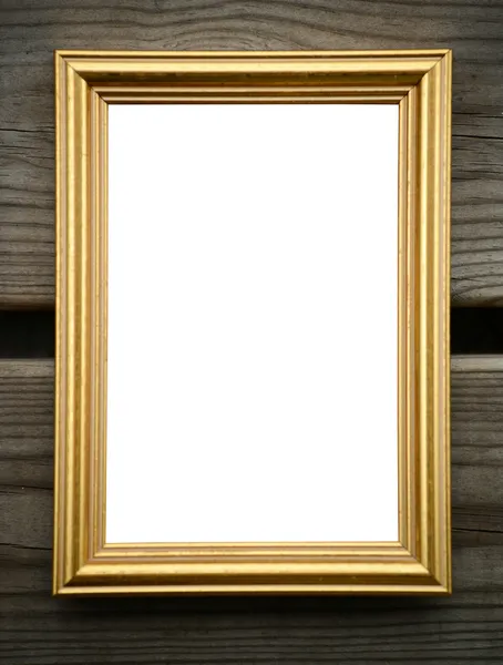 Empty golden picture frame on wooden wall — Stock Photo, Image