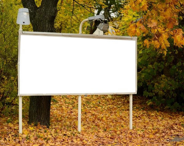 Leeg reclamebord in herfst bos — Stockfoto