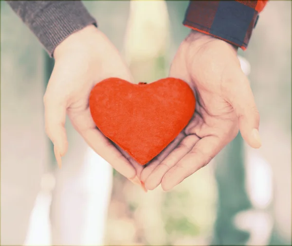 Imagen de ensueño del hombre y la mujer sosteniendo el corazón rojo — Foto de Stock