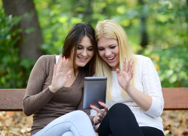 Amis chating avec ami extérieur avec tablette numérique — Photo