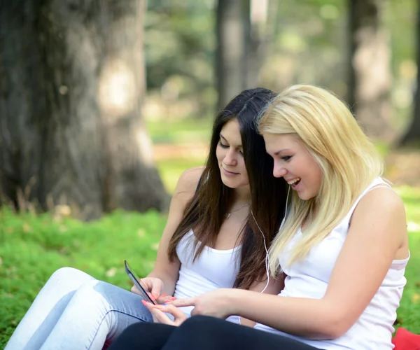 Two young women looking at tablet and chating online Stock Image