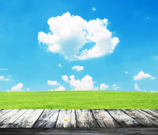 Fresca primavera grama verde com céu azul e piso de madeira — Fotografia de Stock
