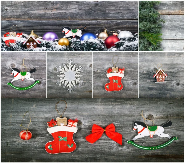 Colagem de Natal com belos ornamentos decorativos — Fotografia de Stock