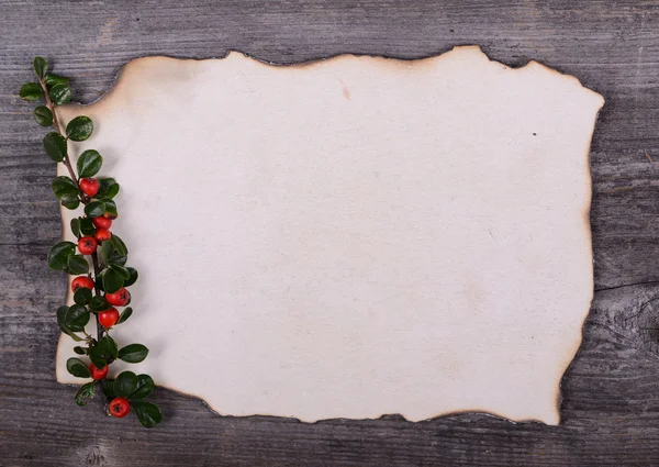 Пустая бумага для Санта Клауса с красными ягодами на деревянной спине — стоковое фото