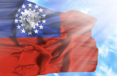 Mavi gökyüzü ile yapraklara karşı bayrak sallayarak myanmar