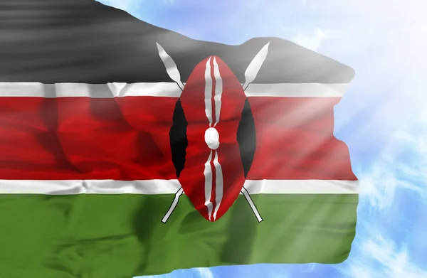 Kenia ondeando bandera contra el cielo azul con rayos de sol — Foto de Stock