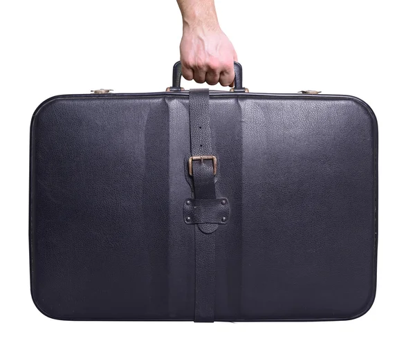 Adam el Vintage deri seyahat çantası tutarak — Stok fotoğraf