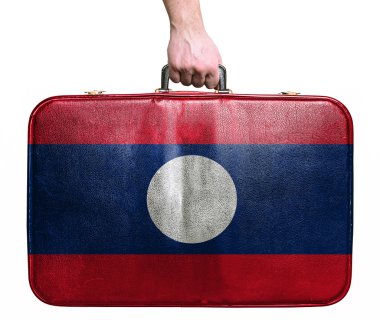 turistik el Vintage deri seyahat çantası ile lao bayrağı tutarak