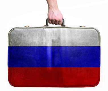 turistik el Vintage deri seyahat çantası ile rus bayrağı tutarak