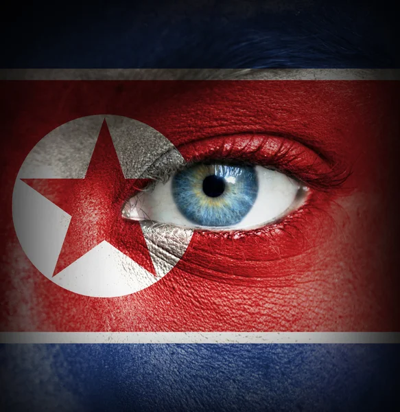 Menschengesicht mit Flagge Nordkoreas bemalt — Stockfoto