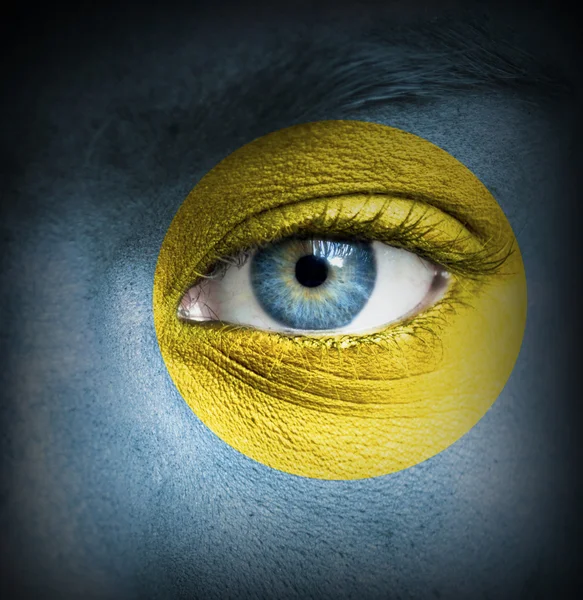 Human face painted with flag of Palau — Stock Photo, Image