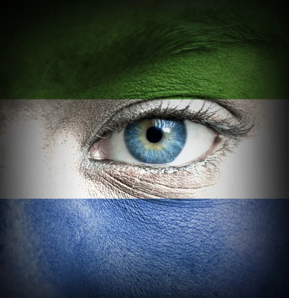 Menselijk gezicht beschilderd met vlag van sierra leone — Stockfoto