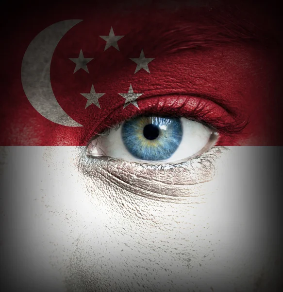Human face painted with flag of Singapore — Stock Photo, Image