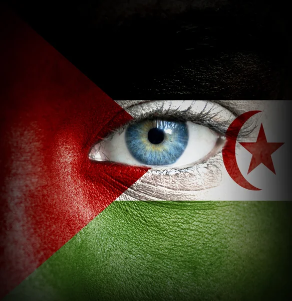 Human face painted with flag of Western Sahara — Stock Photo, Image